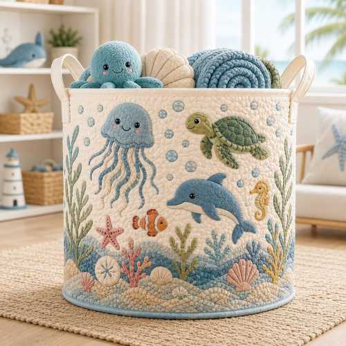 Ocean Quilted Laundry Basket, Sea Turtle Whale Nursery Hamper, Under the Sea Baby Boy Storage Basket, Coastal Nursery Decor