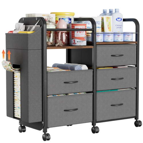 BECOKOME Organizador Organizador de Pañales para Bebé con 5 Cajones, Organizador Utilitario Rodante de 3 Niveles con Ruedas, Organizador Lateral de Pañales, Superficie de Madera, Organizador y Almacenamiento para Bebé para Guardería Dormitorio Esenciales