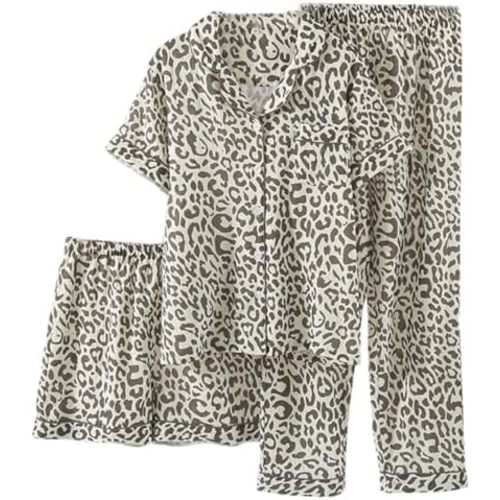 Womens 3pcs Pajamas Set Leopard Print Pj Set Short Sleeve Button Down and Shorts Sleepwear Loungwear Set