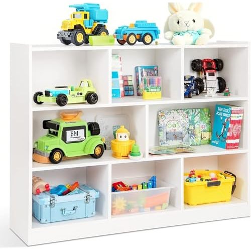GLACER Toy Storage Organizer, 3-Tier Kids Bookshelf, 8-Cube Montessori Bookshelf, Wooden Toddler Bookshelf with Anti-Tipping Device & Non-Slip Pads, for Kids Rooms, Playroom, Bedroom (White)