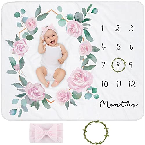 Baby Monthly Milestone Blanket for Baby Girl, Newborn Age Months Blanket Photo Prop with Growth Chart, Floral Wreath & Headband
