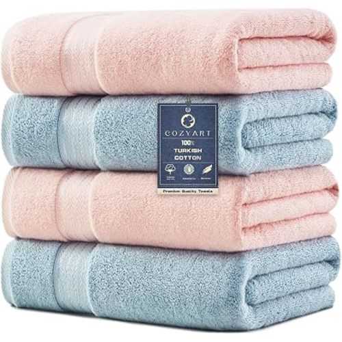 COZYART Luxury Bath Towels 4 PCS, 650 GSM Turkish Cotton, Pink+Light Blue