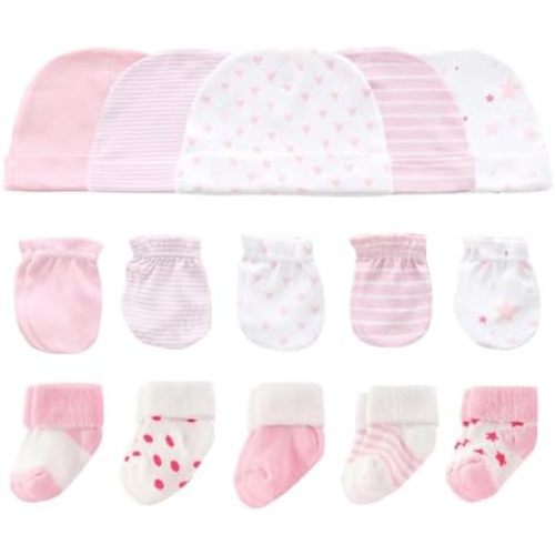 Ruliby Newborn Baby Hats Mittens and Socks Set Cotton Beanie 0-6 Months