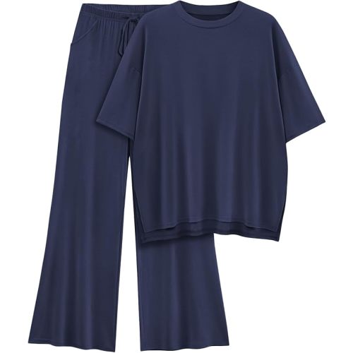 Womens Lounge Set 2026 Summer 2 Piece Outfits Oversized Short Sleeve Tops & Wide Leg Pant Matching Sets Clothing