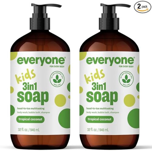 Everyone 3-in-1 Kids Soap, Body Wash, Bubble Bath, Shampoo, 32 Ounce (Pack of 2), Tropical Coconut, made with Essential Oils for Toddlers, tweens and teens