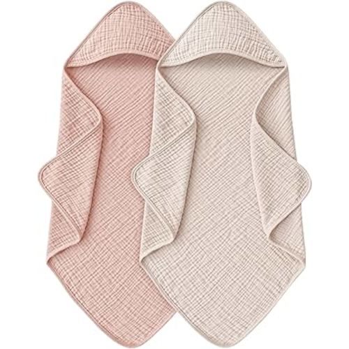 Hooded Baby Bath Towels, 100% Muslin Cotton Baby Girl Towels with Hood for Neutral Newborn Infants, Soft & Absorbent, Large Size - 32 * 32 Inches (Ivory & Pink)