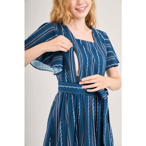 Princess Cotton Midi Dress with Nursing Zippers in Navy Vine Stripe