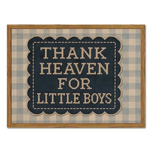 Framed Thank Heaven for Little Boys Wall Art, Baby Boy Nursery Wall Decor, Vintage Blue Gingham Inspirational Quote Paintings Canvas Prints Pictures for Toddler Kids Bedroom 16x24 inch