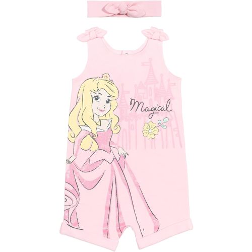 Disney Princess Rapunzel Ariel Belle Jasmine Aurora Baby Girls Snap Romper and Headband Newborn to Toddler