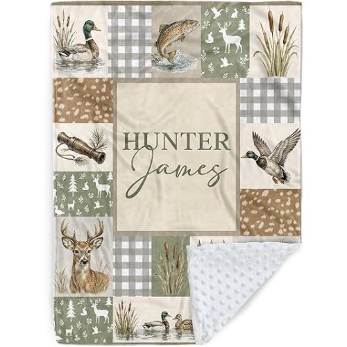 Personalized Baby Boy Blanket with Name, Custom Minky Dot Baby Blankets with Hunting Theme, Soft Plush Crib Blanket for Nursery, Nursery Decor