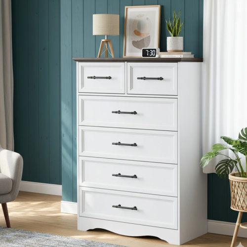 Ebern Designs White Farmhouse Dresser For Bedroom, Modern 6 Chest Of Drawers, 44" Tall Chest Of Drawers W/brushed Metal Handle & Reviews | Wayfair
