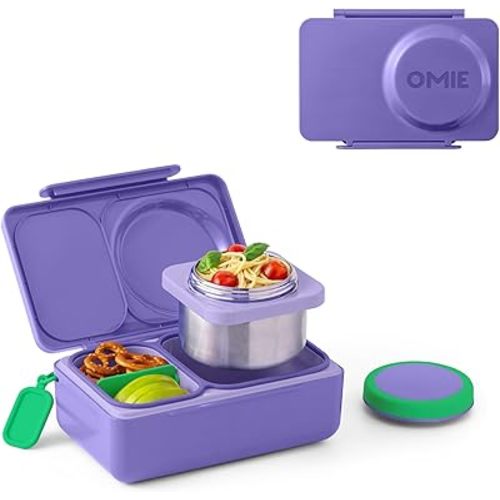 Omie OmieBox UP bento Box for Kids | Insulated Lunch Box | Leak Proof Vacuum Insulated Thermal Food jar | Cooler ice Pack | 2 Compartments (Galaxy Purple)