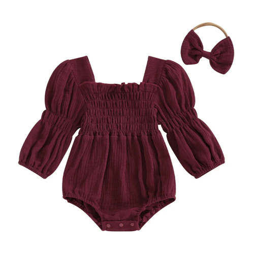 Danny and Sarah Smocked Long-Sleeve Romper & Bow Headband Set - Smocked Long-Sleeve Romper & Bow Headband Set