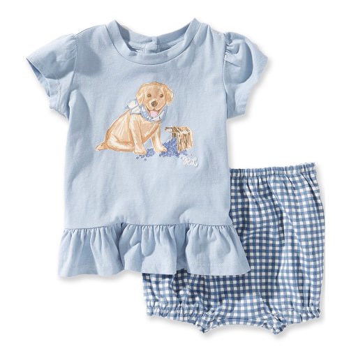 Ralph Lauren Baby Girls Cotton Dog-Print Puff Short Sleeve T-Shirt & Gingham Bloomers Set