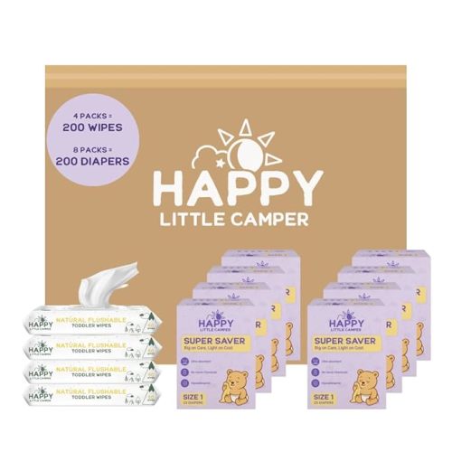 Happy Little Camper Ultra-Absorbent Natural Baby Diapers Size 1 - Hypoallergenic, Unscented & Chlorine-Free Disposable Diapers (200 Count) Come with Flushable Wipes (200 Count) for Sensitive Skin