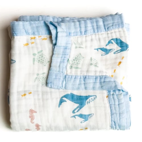 Sea Animals – Blue Trim | 6-Layer Organic Bamboo Muslin Baby Blanket – Coca + B.
