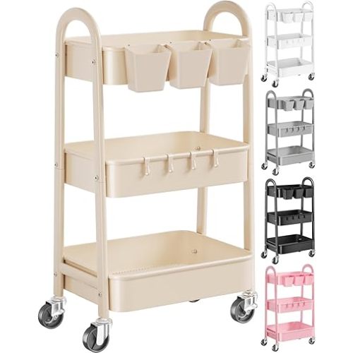 3 Tier Khaki Metal Utility Rolling Cart, Storage Cart with Handle and Lockable Wheels, Multifunctional Organizer Trolley with Mesh Storage Baskets for Kitchen, Office, Living Room, Laundry, Garage