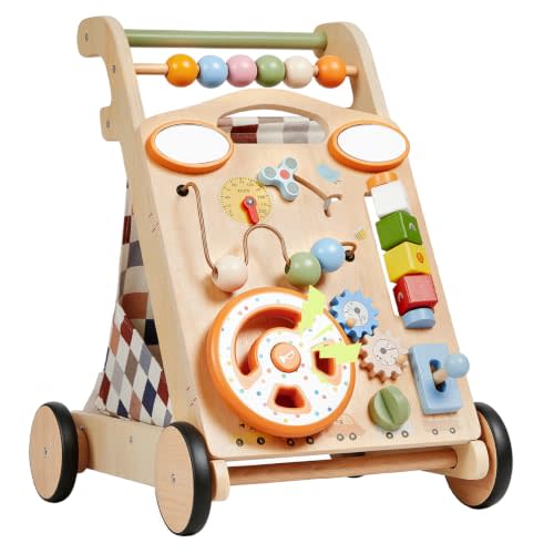 GROWNSY Wooden Baby Walker with Wheels, 3-in-1 Sit-to-Stand Baby Walker with Adjustable Speed, Montessori Push Walker with 7-in-1 Removable Activity Panel, First Birthday Gifts for Boys & Girls