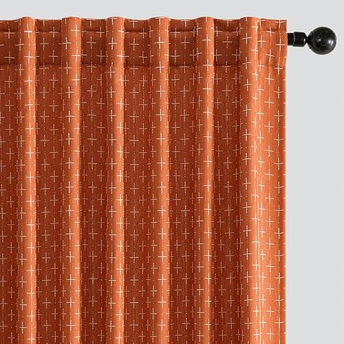 MIULEE Decorative Back Tab Linen Curtains with Geometric Pattern for Living Room Bedroom Farmhouse Rustic Thick Woven Textured Patterned Mudcloth Drapes 63 Inch Length 2 Panels Set, Burnt Orange