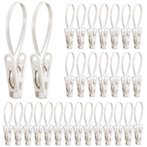 Honeydak 30 Pack Multi-Purpose Laundry Hooks Hanging Clips Bulk with Plastic Rope Hanger Clips for Baby Clothes Closet Organizer for Pants Hat Sock Boot Bra Towel Bathroom Wardrobe (White)