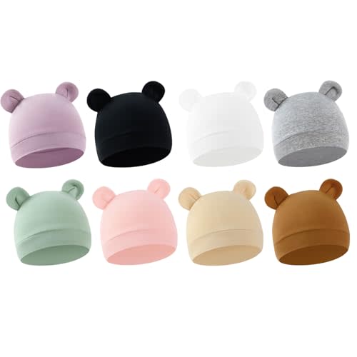 8-Pack Newborn Baby Hats with Bear Ears, 100% Soft Cotton Preemie Beanies for Boys & Girls, Essential Infant Hospital Bag, Breathable Stretchy Skull Caps for 0-3 Months
