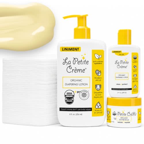 La Petite Creme Diapering Gift Set for Baby Shower, Newborn Essentials | Moisturizer & Skin Cleanser, Liniment Baby Lotion, Diaper Rash Cream, USDA Certified, EWG Verified, Organic Ingredients