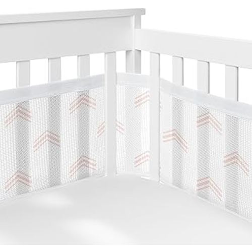 Sweet Jojo Designs + BreathableBaby Boho Bohemian Girl Breathable Mesh Crib Liner Baby and Infant - Blush Pink and White Farmhouse Shabby Chic Designer Modern Minimalist Geometric Arrows