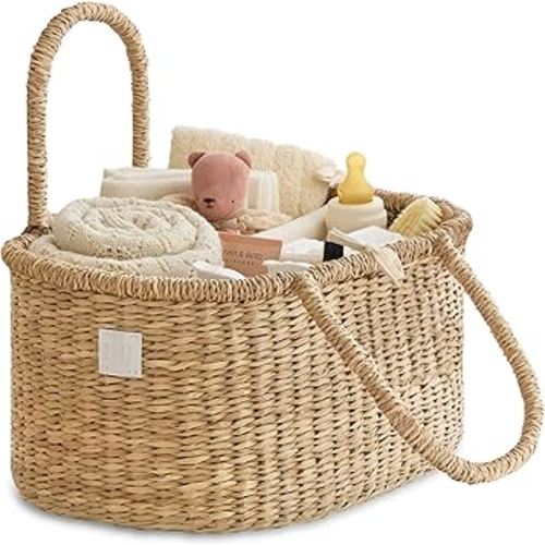 BEBE BASK Premium Baby Diaper Caddy Organizer - Artisan-Made Seagrass Basket With Cotton Divider - Award-Winning & Luxury Diaper Caddy Basket (ROSA)