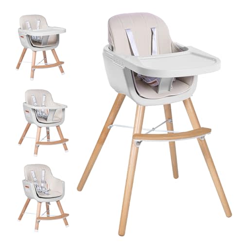 High Chairs for Babies and Toddlers,3 in 1 Convertible Wooden highchair, Baby High Chair with Adjustable Legs,5 Point Harness, Footrest, Dishwasher-Safe Tray & PU Leather Cushion, Beige