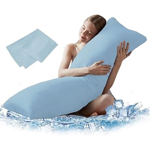 DOWNCOOL Large Body Pillow Insert with Cooling Cover - Soft Long Bed Pillow for Summer - Breathable Full Body Pillow for Adults - 20x54 inch (Blue, with Cover)