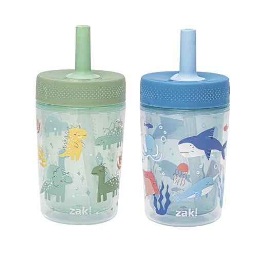 Zak Designs Dino and Bubble Bay Capri 9oz Leak-Proof Toddler Cups, 2-Pack | BPA Free, Double Wall Plastic, Sippy Cups, Cupholder Friendly, Dishwasher Safe, Easy Clean, For Preschool, Home or Daycare