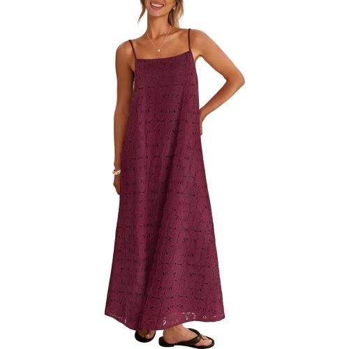 MEROKEETY Women's Summer Spaghetti Straps Sundress 2026 Casual Sleeveless Floral Lace Eyelet Boho Beach Maxi Dress