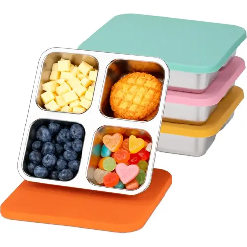 4 Pack Stainless Steel Snack Containers with Lids, 4 Compartment Snack Container Small Lunch Box, Lunch Divided Food Storage Portion Control Meal Prep Reusable Snackle Lunchable for Work