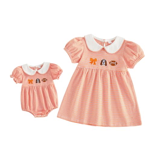 Balaflyie Little Girl Collar Dress/Bubble Romper Sister Matching Outfit | Toddler Girl Football Collar Dresses, Baby Peter Pan Collar Romper, Big Sister Dress&Little Sister Romper for Football