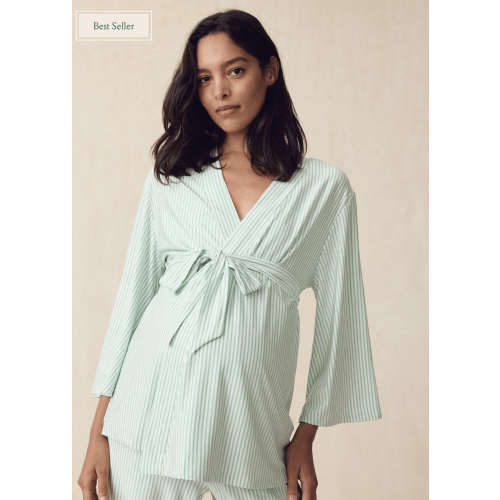 (Medium) Maternity DreamModal™ Kimono Three-Piece Set in Parisian Green Pencil Stripe