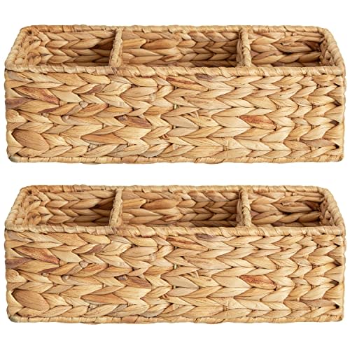 StorageWorks Wicker Toilet Basket Tank Topper, Toilet Paper Basket for Back of Toilet Tank Top, 3-Section Water Hyacinth Storage Baskets, 2-Pack