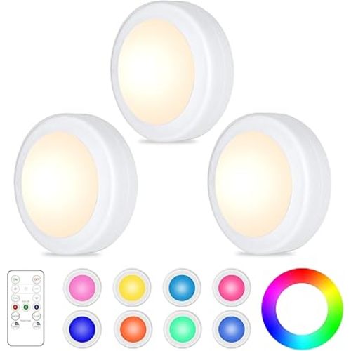 Yiliaw 3 Pack LED Puck Lights Remote Control 16 Color Changeable Under Cabinet Lights, Battery Operated Lights Night Light with Dimmer & Timmer for Closet Bedroom Kitchen, White