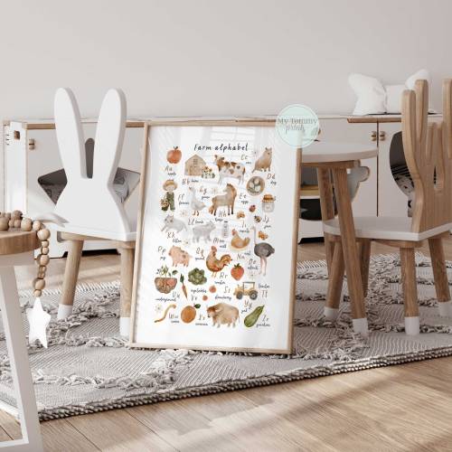 Farm Alphabet Print, Farmyard Wall Art,  Neutral Bedroom Decor, Alphabet Wall Art, Kids Fun Gifts, ABC Educational Prints