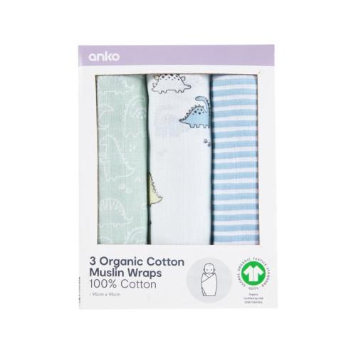 3 Pack Organic Cotton Muslin Wraps - Dino - Multi - One Size