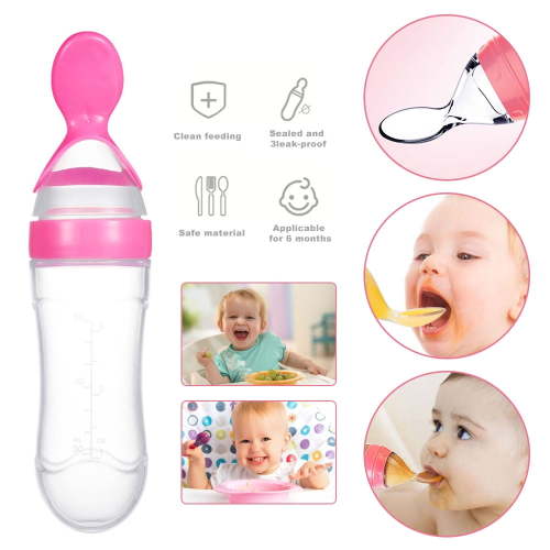 AMERTEER Natural Touch Silicone Baby Food Feeder,Squeeze Cereal Bottle with Dispensing Spoon for Newborn Toddler Food Supplement