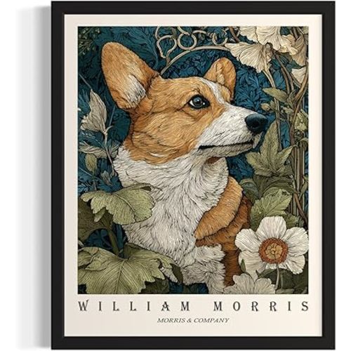 Corgi William Morris Wall Art Print Poster, Dog Floral Vintage Paitnings for Bedroom Bathroom Living Room Decor 197 (Corgi, 16 x 20 inches, Black Frame)