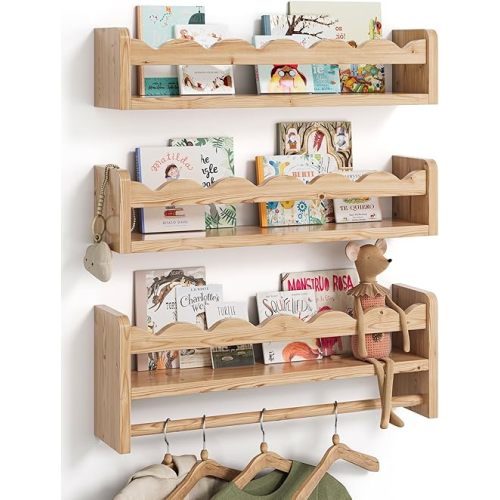 Seocry Nursery Book Shelves, Scalloped Shelves, Floating Book Shelves for Wall, Nursery Deocr for Baby, Toddler(Wood, 16.5 Inches)