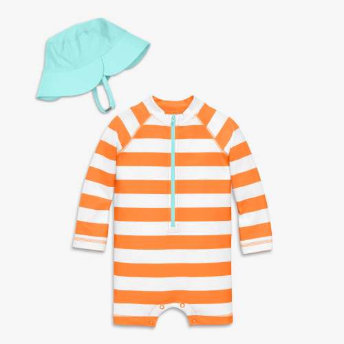 Baby one-piece rash guard & hat in stripe - Cantaloupe / white stripe / 3-6