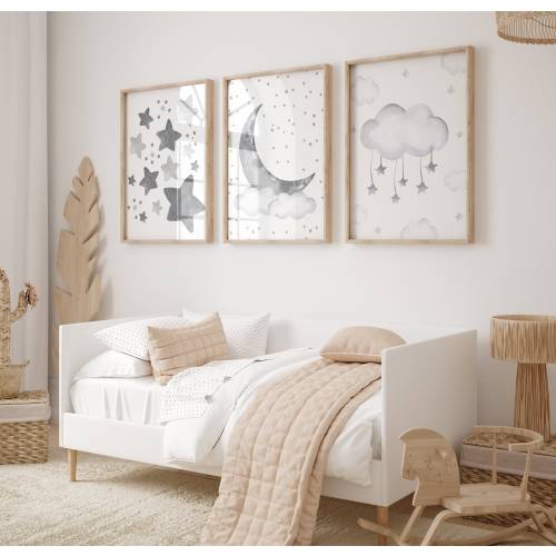 Gray Nursery Wall Art, Grey Nursery Decor, Moon and Stars Nursery, Gender Neutral Baby Room Decor, Moon and Stars Prints, Stars and Moon Art