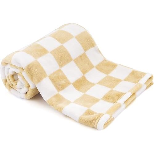 Plush Checkered Baby Blanket for Boys Girls Nursery, 30"*40" Warm Short Fleece Blanket Neutral for Infant Newborn, Small Fuzzy for Sleeping, Chenille or Stroller (Sand Yellow&White)
