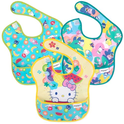 Bumkins Bibs for Girl or Boy, SuperBib Baby and Toddler 6-24 Months, Essential Must Have for Eating, Feeding, Baby Led Weaning Supplies, Mess Saving Catch Food, Fabric 3-pk Hello Kitty and Friends