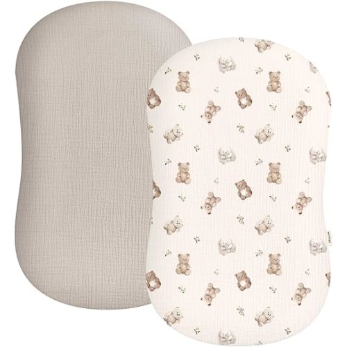 Muslin Baby Lounger Cover 2 Pack, Soft Breathable Newborn Lounger Pillow Cover for Boys Girls Infant (Teddy & Friends)