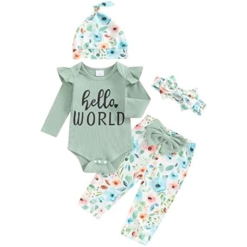 Hello World Newborn Outfit Baby Girl Ruffle Trim Romper Floral Pants Set Beanie Hat Headband 4Pcs Spring Clothes