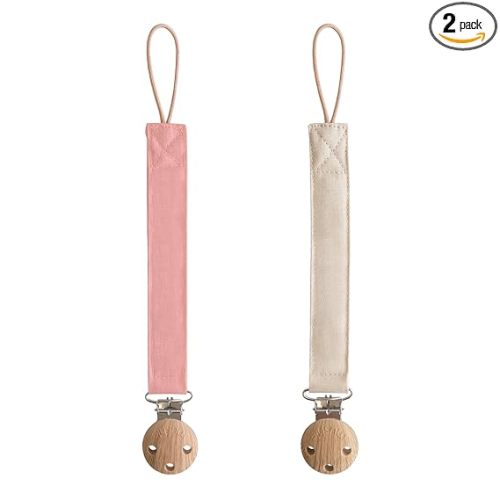 mushie Linen Baby Pacifier Clip Holder | Soft Fabric Strap, 2-Pack (Dusty Rose/Shifting Sand)