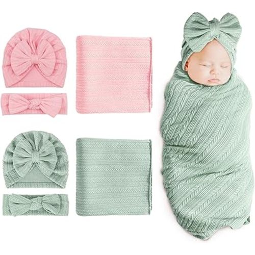 DRESHOW BQUBO Newborn Receiving Blanket Headband Hat Set for Baby, Unisex Baby Boys Girls Essentials, Newborn Registry Must Haves, Stroller Crib Shower Gifts